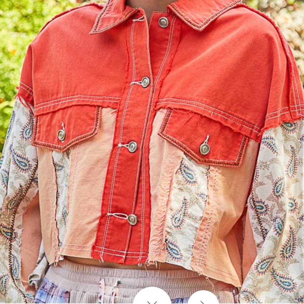 POL - Orange Coral Boho Button Down Crop Hi Lo Jacket